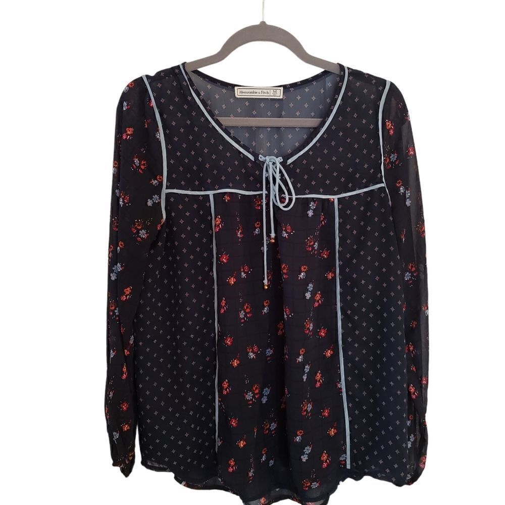 Abercrombie & Fitch Floral Semi-Sheer Long Sleeve Tie Detail Blouse Size Medium